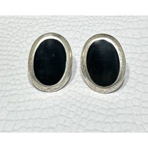 Signed Thailand 925 A Black Onyx Earrings Oval Pierced Gemstone